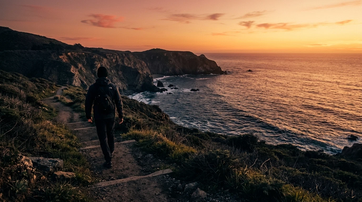 Anonymous person walking on a coastal trail at sunset - active lifestyle for vascular wellness