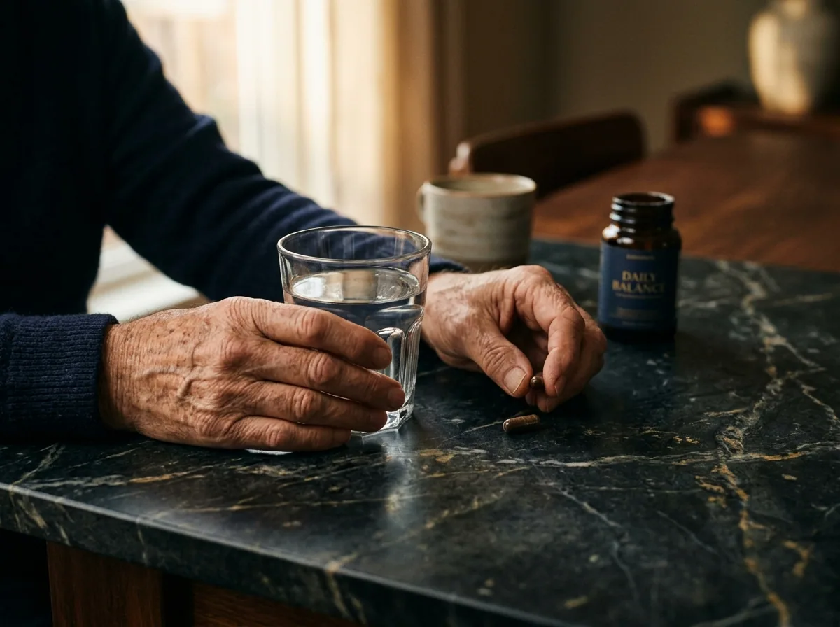 Older adult hands holding a glass of water and supplement capsule as part of a morning wellness routine
